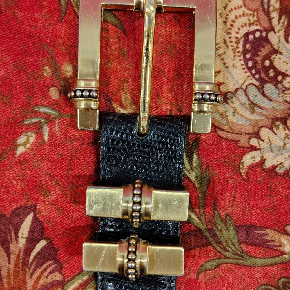 VTG Brighton Belt XL Black Textured Lizard Leather Gold Buckle 90's Western Boho